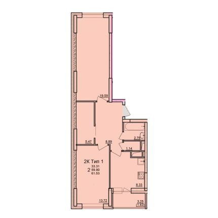 Двухкомнатная квартира 55.35 м²