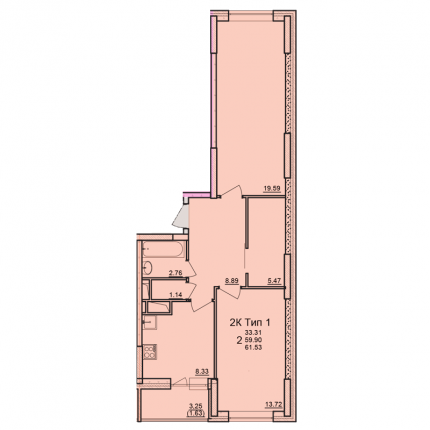 Двухкомнатная квартира 61.53 м²